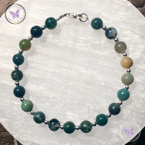 Moss Agate Silver Bead Bracelet